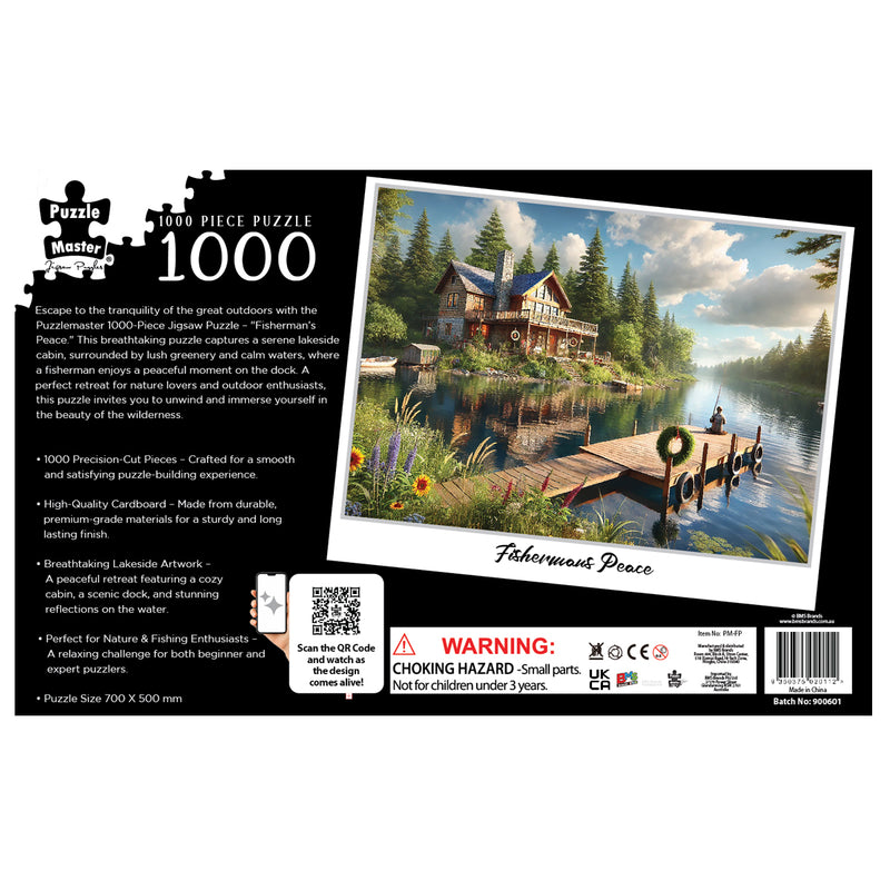 Load image into Gallery viewer, Back of the packaging for the Puzzle Master Fisherman's Peace 1000 piece jigsaw puzzle depicting a lakeside log cabin with a dock.
