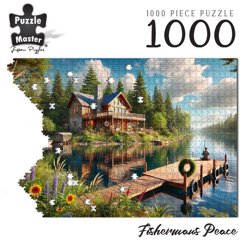 Load image into Gallery viewer, Fishermans Peace 1000-piece jigsaw puzzle artwork by Puzzle Master depicting a rustic lakeside cabin and a person fishing from a wooden jetty.