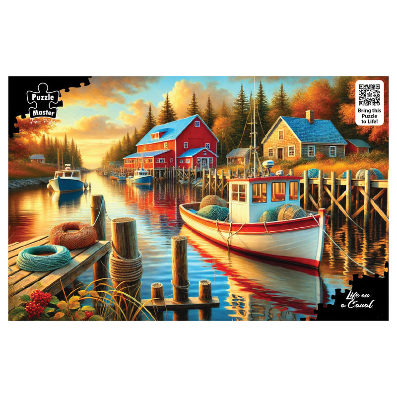Load image into Gallery viewer, Artwork for Puzzle Master Life on a Canal jigsaw puzzle depicting fishing boats docked at a calm coastal harbour with red buildings at sunset.