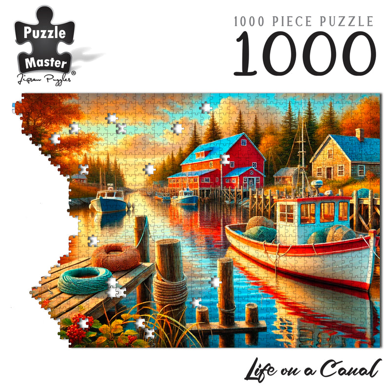 Load image into Gallery viewer, Puzzle Master 1000-piece jigsaw puzzle titled Life on a Canal depicting fishing boats docked by rustic red waterside buildings during sunset.