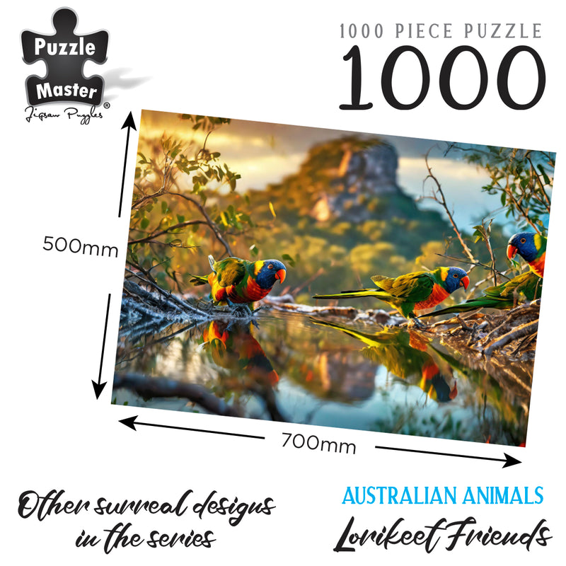 Load image into Gallery viewer, Puzzle Master 1000 piece jigsaw puzzle artwork featuring rainbow lorikeets by water, with dimensions measuring 700mm by 500mm.