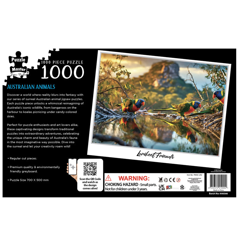 Load image into Gallery viewer, Back of the Puzzle Master 1000-piece Australian Animals Lorikeet Friends puzzle box showing puzzle artwork and product details.