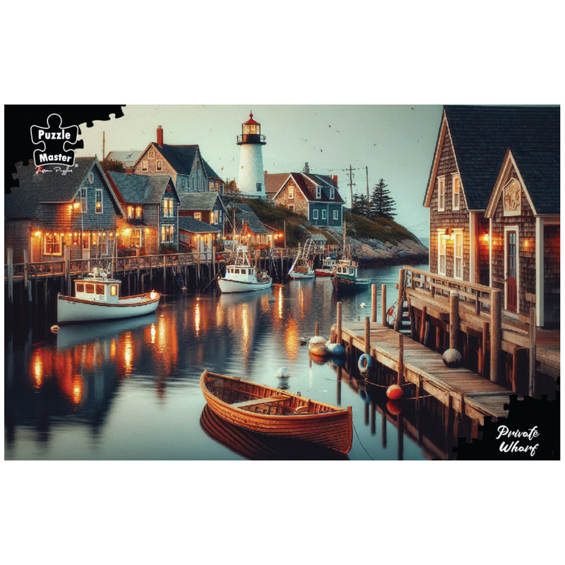 Load image into Gallery viewer, Puzzle Master Private Wharf jigsaw artwork showing an illuminated coastal harbour village with fishing boats and a lighthouse at dusk.
