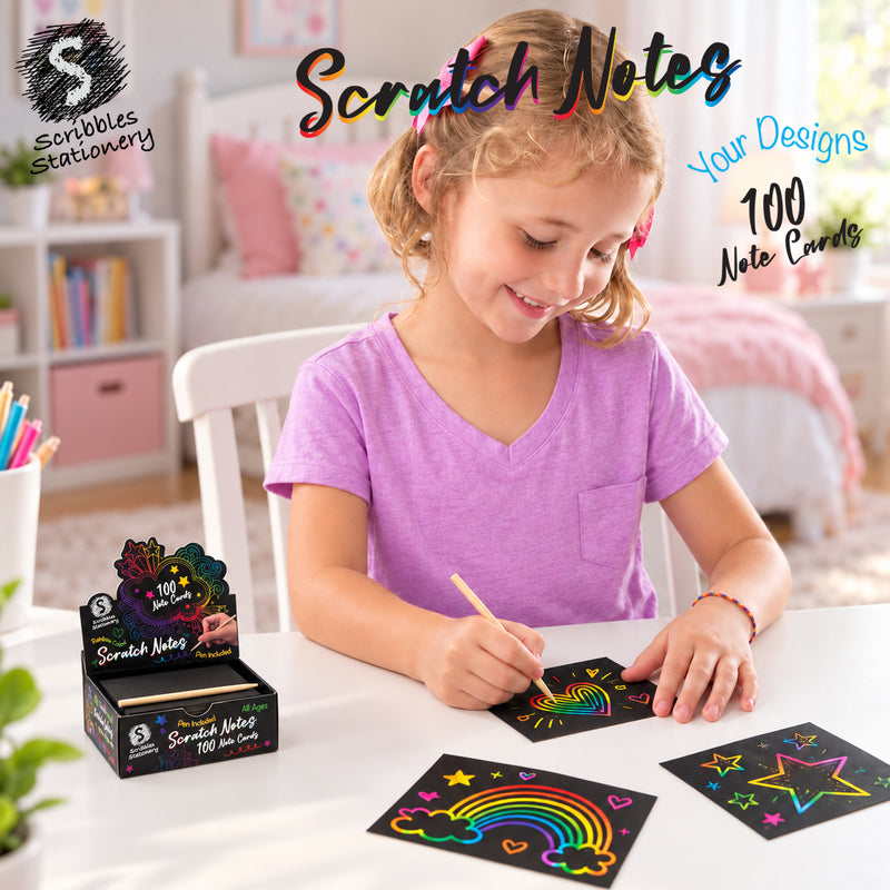 Load image into Gallery viewer, A child drawing a rainbow heart onto a black scratch note card using a wooden stylus, next to a Scribbles Stationery 100-pack box.