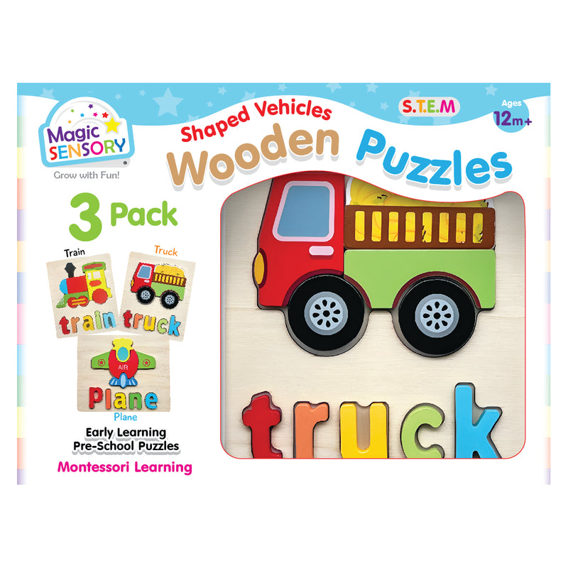 Load image into Gallery viewer, Shaped Vehicles Wooden Puzzles Triple Pack
