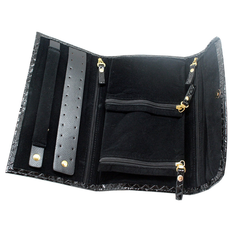 Load image into Gallery viewer, Black Crocodile Style Leather Jewellery Travel Wallet
