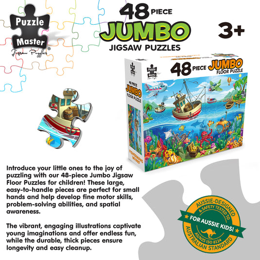 Puzzle Master 48 Piece Jumbo Floor Puzzle Fisherman's Wharf packaging box and feature callouts.