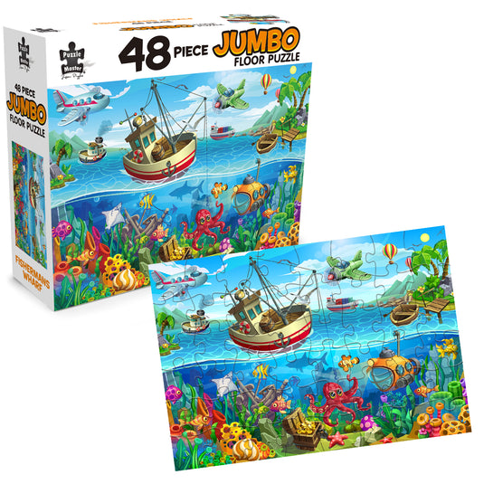 Puzzle Master 48-piece jumbo floor puzzle depicting Fisherman's Wharf with colourful sea life and boats, shown alongside its packaging box.