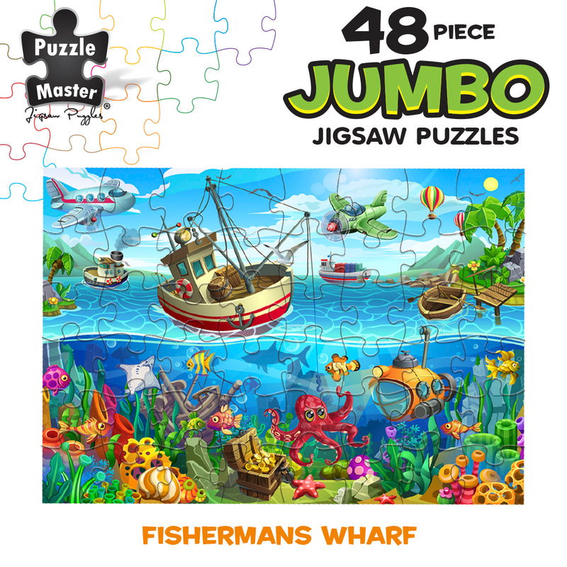 Load image into Gallery viewer, Puzzle Master 48-piece jumbo jigsaw puzzle featuring a split-level cartoon illustration of fishing boats above the ocean and marine life with sunken treasure below.
