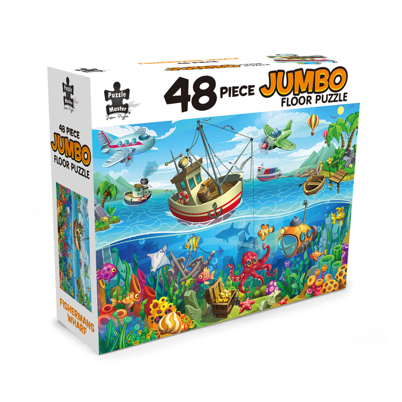 Load image into Gallery viewer, Puzzle Master 48 Piece Jumbo Floor Puzzle Fisherman's Wharf packaging box showing colourful ocean cartoon artwork.
