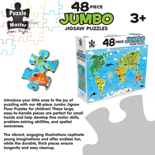 Promotional graphic featuring the box and a sample piece from the Puzzle Master 48-piece Jumbo Floor Puzzle Map of the World.