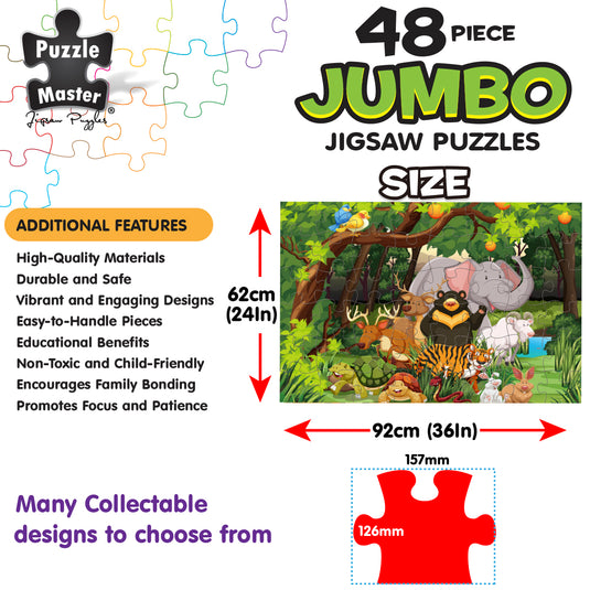 Puzzle Master 48 piece jumbo jigsaw puzzle size diagram showing completed puzzle dimensions of 92cm by 62cm alongside individual piece dimensions of 157mm by 126mm.