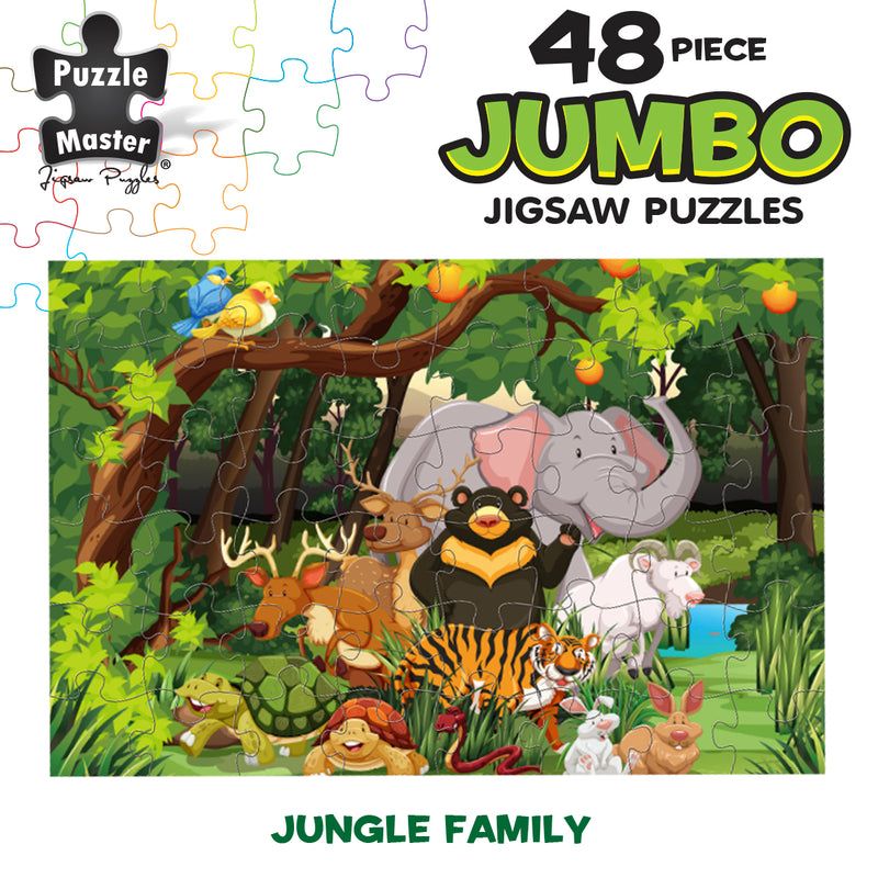 Load image into Gallery viewer, Graphic layout of the Puzzle Master 48-piece jumbo jigsaw puzzle featuring an illustrated jungle scene with various animals.

