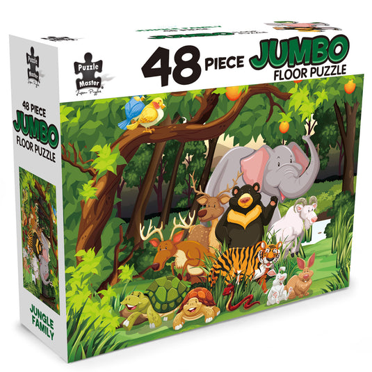 Retail box for the Puzzle Master 48 Piece Jumbo Floor Puzzle Jungle Family featuring an illustration of colourful cartoon jungle animals.