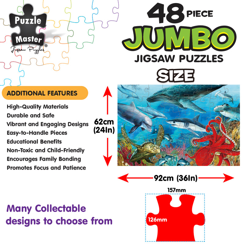 Load image into Gallery viewer, Infographic showing dimensions and features of the Puzzle Master 48-piece jumbo jigsaw puzzle featuring an underwater scene.
