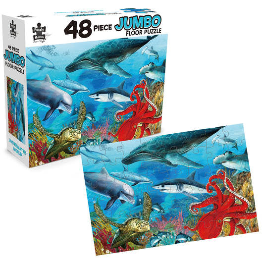 Puzzle Master 48 Piece Jumbo Floor Puzzle Underwater World box and completed jigsaw puzzle depicting marine wildlife.