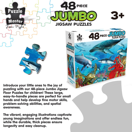 Product graphic for Puzzle Master 48-piece Jumbo Floor Puzzle Underwater World, displaying the product box, an individual puzzle piece, and descriptive text.