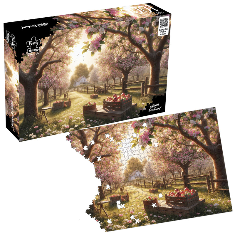 Load image into Gallery viewer, Puzzle Master Apple Orchard jigsaw puzzle box set alongside an in-progress jigsaw puzzle showing an orchard in blossom with crates of apples.
