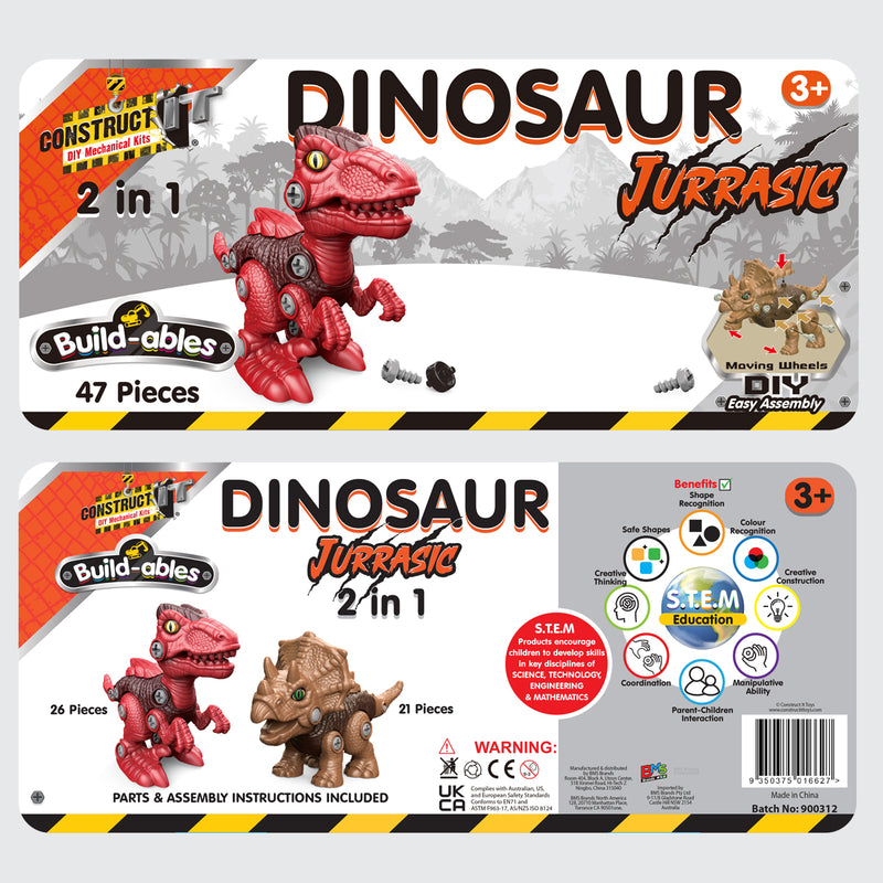 Load image into Gallery viewer, Back of packaging showing 47 pieces for raptor and 21 pieces for triceratops build with assembly details

