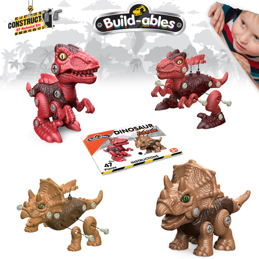 Step-by-step build images of the raptor and triceratops with screws and tools alongside instructions