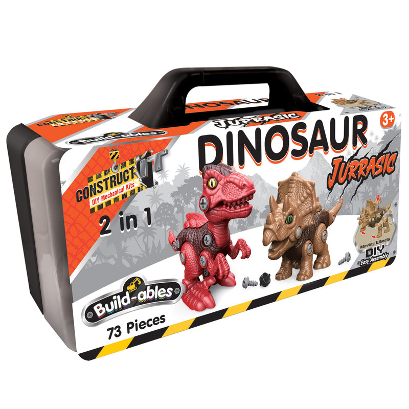 Load image into Gallery viewer, Buildables Dinosaur Jurrasic 2 in 1 carry case box with red raptor and brown triceratops dinosaur toys
