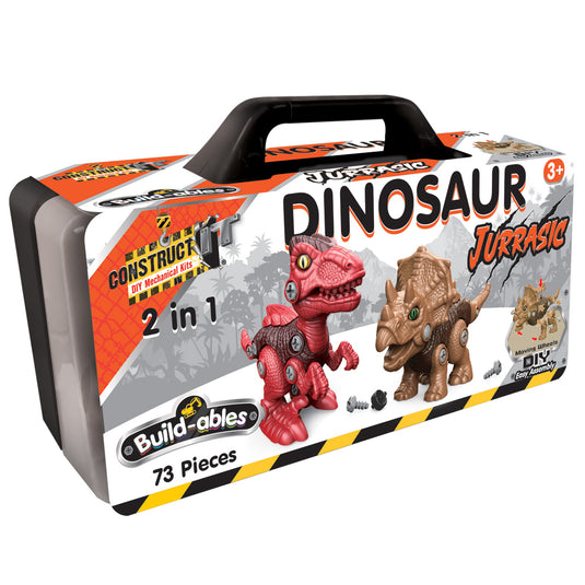 Buildables Dinosaur Jurrasic 2 in 1 carry case box with red raptor and brown triceratops dinosaur toys