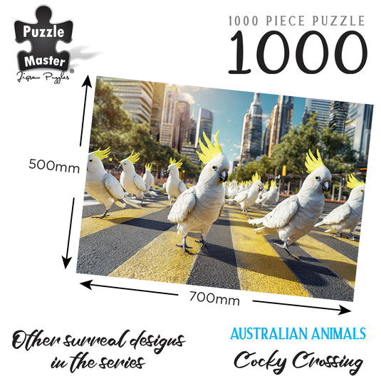 Puzzle Master 1000-piece puzzle titled Cocky Crossing showing cockatoos on a pedestrian crossing with 500mm by 700mm dimension markers.