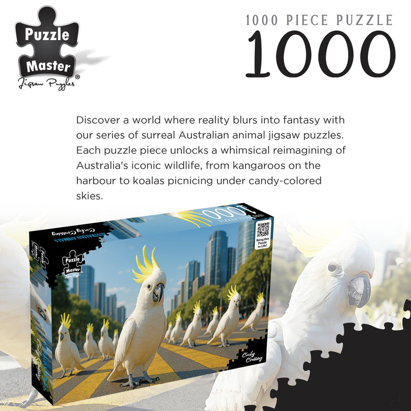 Load image into Gallery viewer, Puzzle Master Cocky Crossing 1000-piece jigsaw puzzle box display with surreal cockatoo artwork and promotional text.
