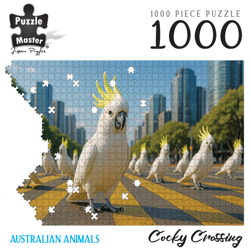 Load image into Gallery viewer, Puzzle Master 1000 piece jigsaw puzzle titled Cocky Crossing featuring sulphur-crested cockatoos walking across a city street crossing.
