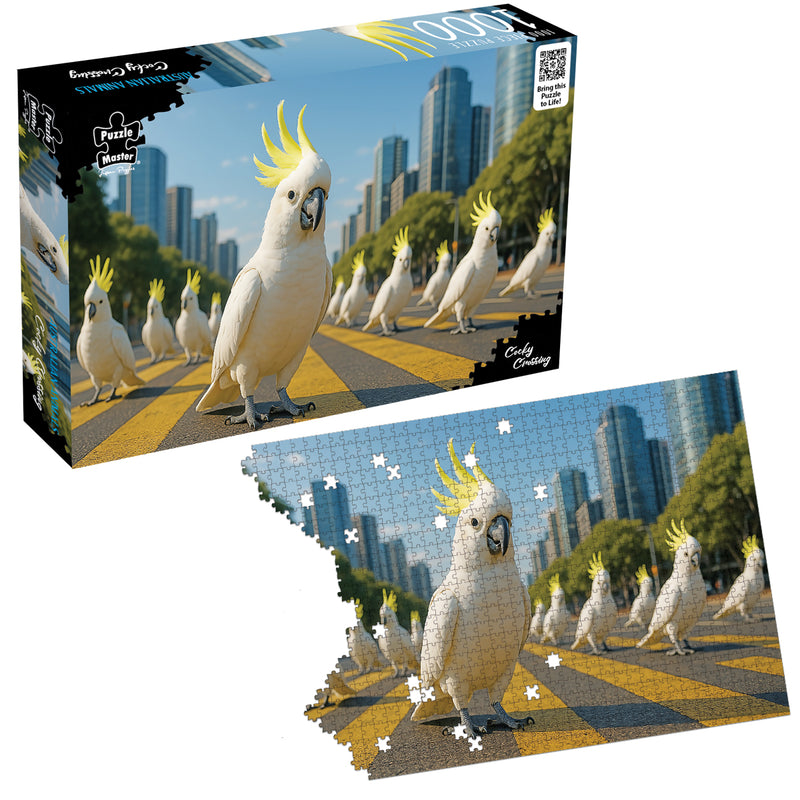 Load image into Gallery viewer, Puzzle Master Cocky Crossing 1000-piece jigsaw puzzle box and matching assembled puzzle showing cockatoos walking across a city crosswalk.

