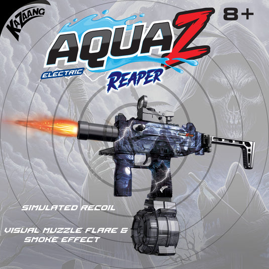 Promotional banner for Kazaang AquaZ Electric Reaper toy blaster featuring a grim reaper graphic pattern and muzzle flare effect against a target background.