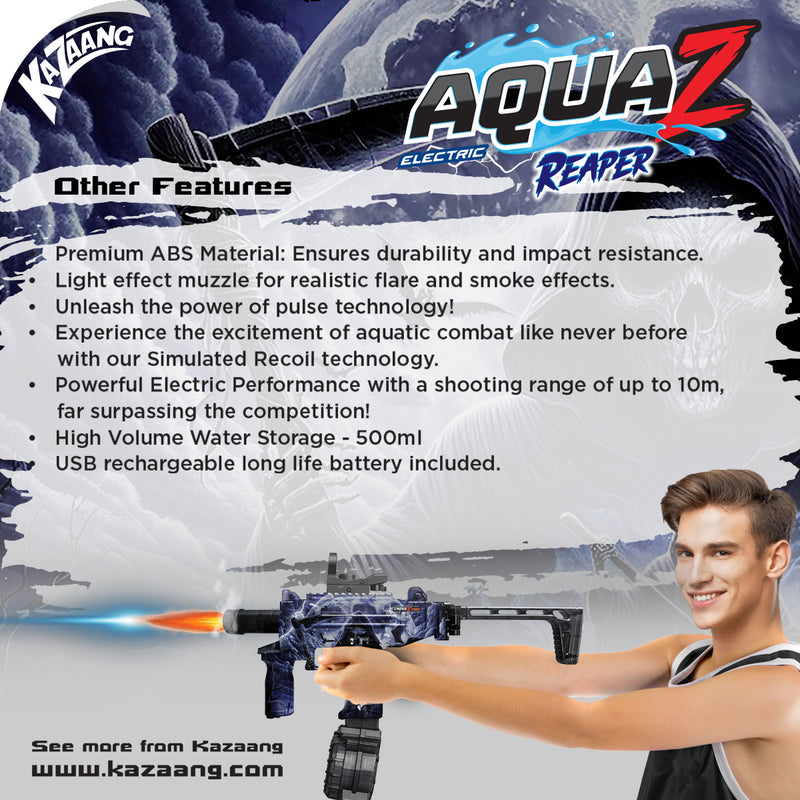 Load image into Gallery viewer, Promotional banner for the Kazaang Aqua Z Reaper electric water gun displaying product features and a person aiming the toy gun.
