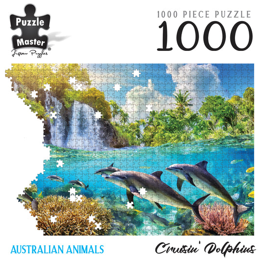 Puzzle Master Australian Animals Cruisin' Dolphins 1000 piece puzzle graphic with dolphins underwater and a tropical waterfall