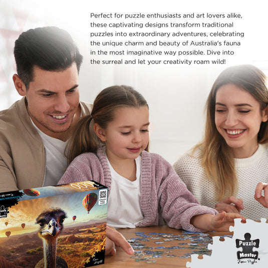 A family enjoying assembling a jigsaw puzzle together at a table, featuring the Emu Heights puzzle box by Puzzle Master.