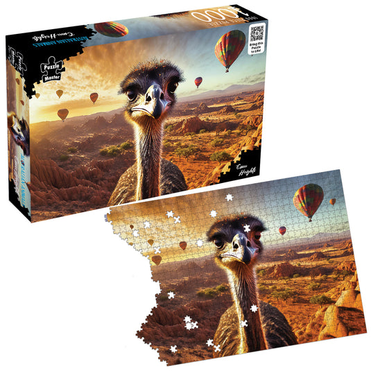 Puzzle Master Australian Animals Emu Heights jigsaw puzzle box displayed next to a partially assembled jigsaw showing an emu and hot air balloons over outback terrain.