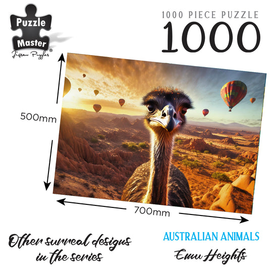 Graphic of Puzzle Master Emu Heights 1000-piece jigsaw puzzle featuring an emu portrait with hot air balloons over an outback landscape, marked at 700mm by 500mm.