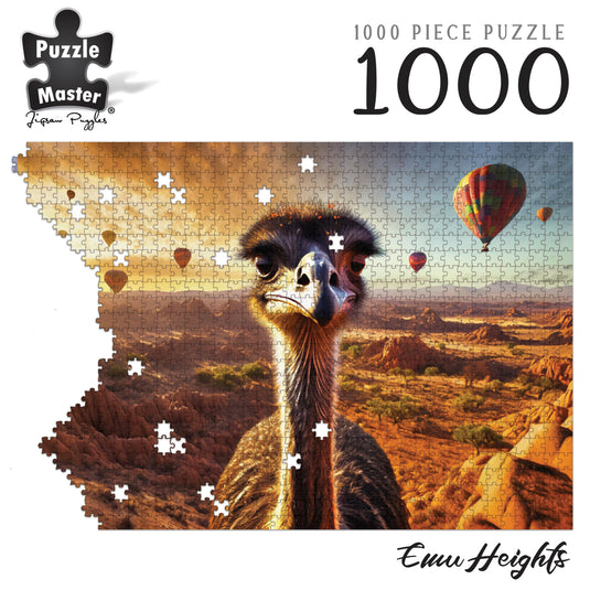 Puzzle Master 1000 piece Emu Heights jigsaw puzzle featuring a close-up emu in an outback landscape with hot air balloons.