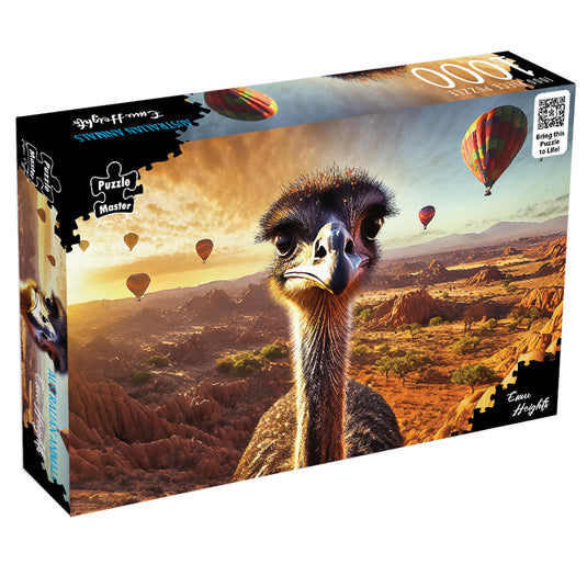 Puzzle Master 1000-piece jigsaw puzzle box titled Emu Heights featuring a close-up emu and hot air balloons over a desert landscape.