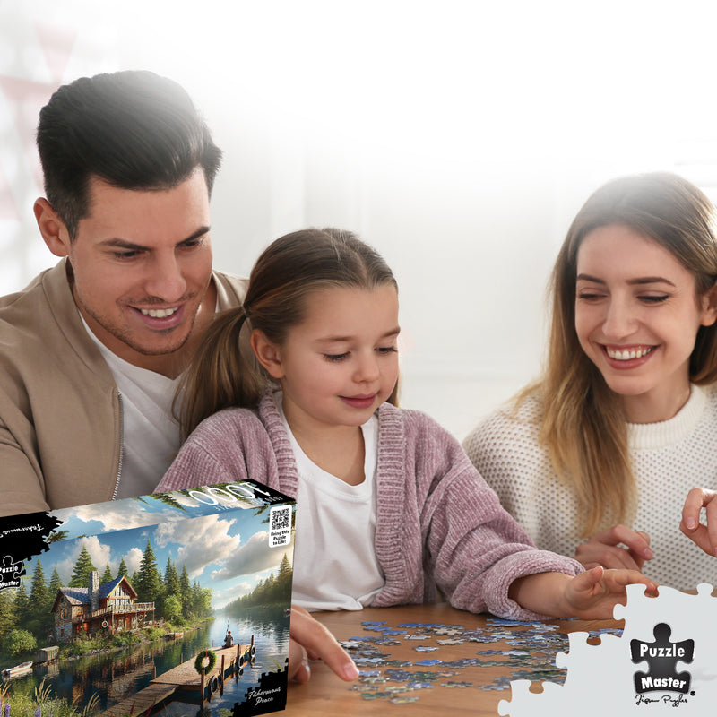 Load image into Gallery viewer, A smiling family sitting at a wooden table putting together a Puzzle Master Fisherman's Peace jigsaw puzzle.
