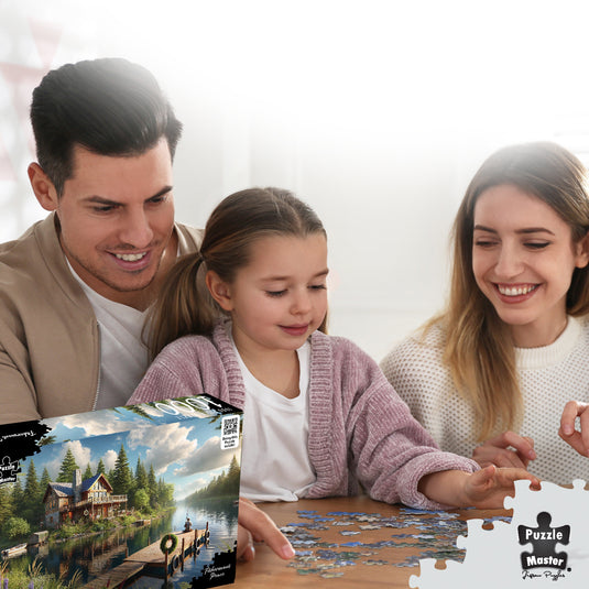 A smiling family sitting at a wooden table putting together a Puzzle Master Fisherman's Peace jigsaw puzzle.