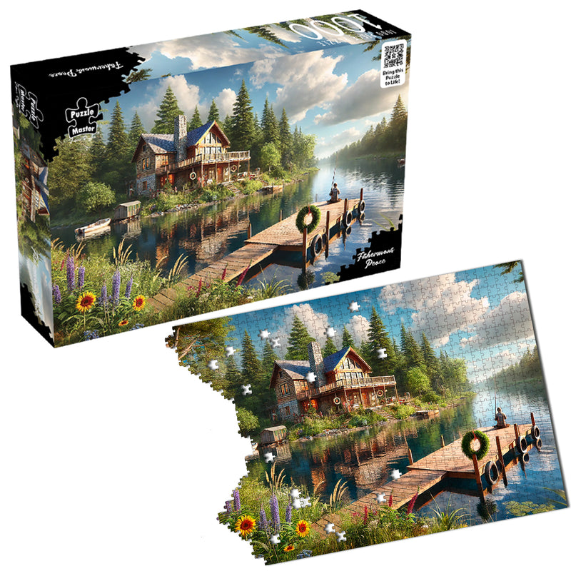 Load image into Gallery viewer, Puzzle Master Fisherman's Peace jigsaw puzzle box displayed next to the colourful lake cabin jigsaw puzzle layout.
