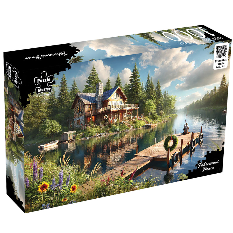 Load image into Gallery viewer, Angled view of the Puzzle Master Fisherman's Peace 1000-piece jigsaw puzzle box featuring a lakeside cabin scene.
