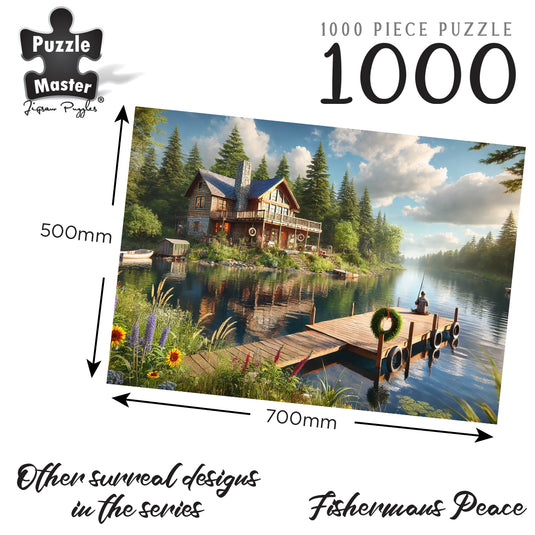 Graphic showing the dimensions of the Puzzle Master Fishermans Peace 1000 piece jigsaw puzzle measuring 700 mm by 500 mm.