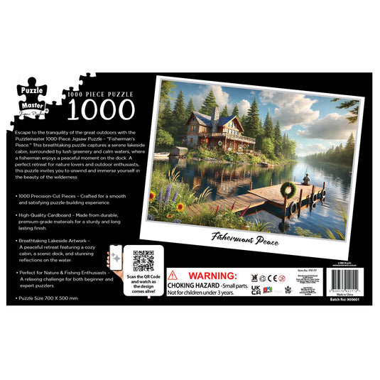 Back of the packaging for the Puzzle Master Fisherman's Peace 1000 piece jigsaw puzzle depicting a lakeside log cabin with a dock.