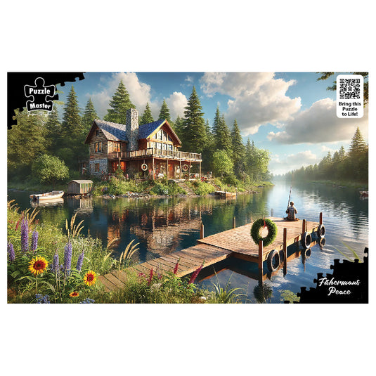 Puzzle Master Fisherman's Peace jigsaw puzzle illustration of a rustic wooden cabin by a serene lake with a fisherman on a jetty