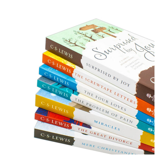 A stack of seven colourful C.S. Lewis paperback books, including Mere Christianity, The Screwtape Letters, and Surprised by Joy.