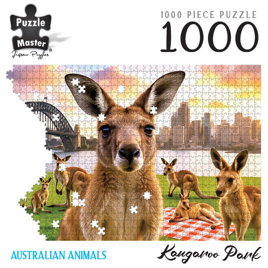 Puzzle Master 1000 piece Kangaroo Park jigsaw puzzle graphic featuring kangaroos against the Sydney Harbour Bridge and city skyline.