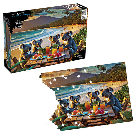 Puzzle Master 1000-piece Koala Picnic jigsaw puzzle box alongside a partially completed puzzle depicting koalas having a picnic on a beach.