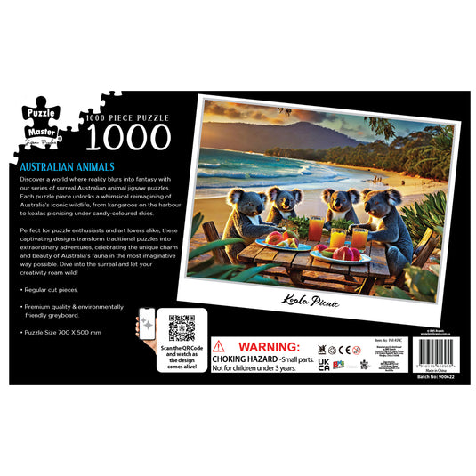 Back of a 1000 piece Puzzle Master jigsaw puzzle box featuring the 'Koala Picnic' artwork with four koalas at a beachside picnic table.