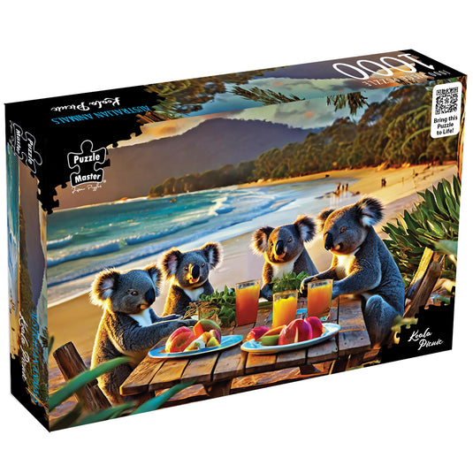 Puzzle Master 1000 piece jigsaw puzzle box titled Koala Picnic featuring four koalas dining at a beach picnic table.